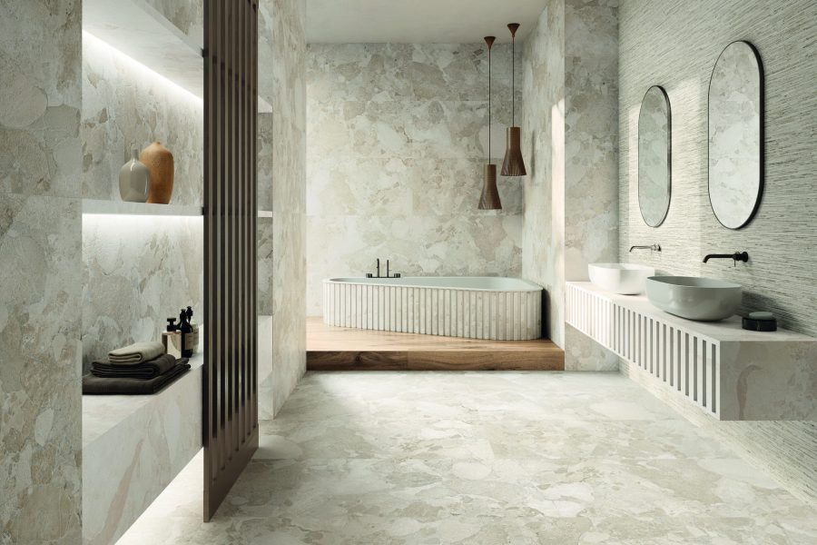 Materastone Greige Sassi 60x120 Ritmo Greige 60x120 White Sassi 120x278 I-Wood Imbrunito 20x120 Amb Bagno